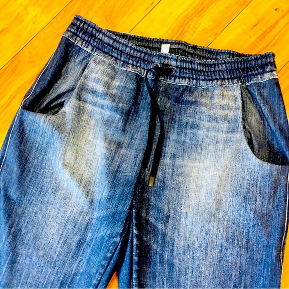 Lucy blue denim seersucker style banded bottoms pants skinny small lounge - Picture 3 of 8